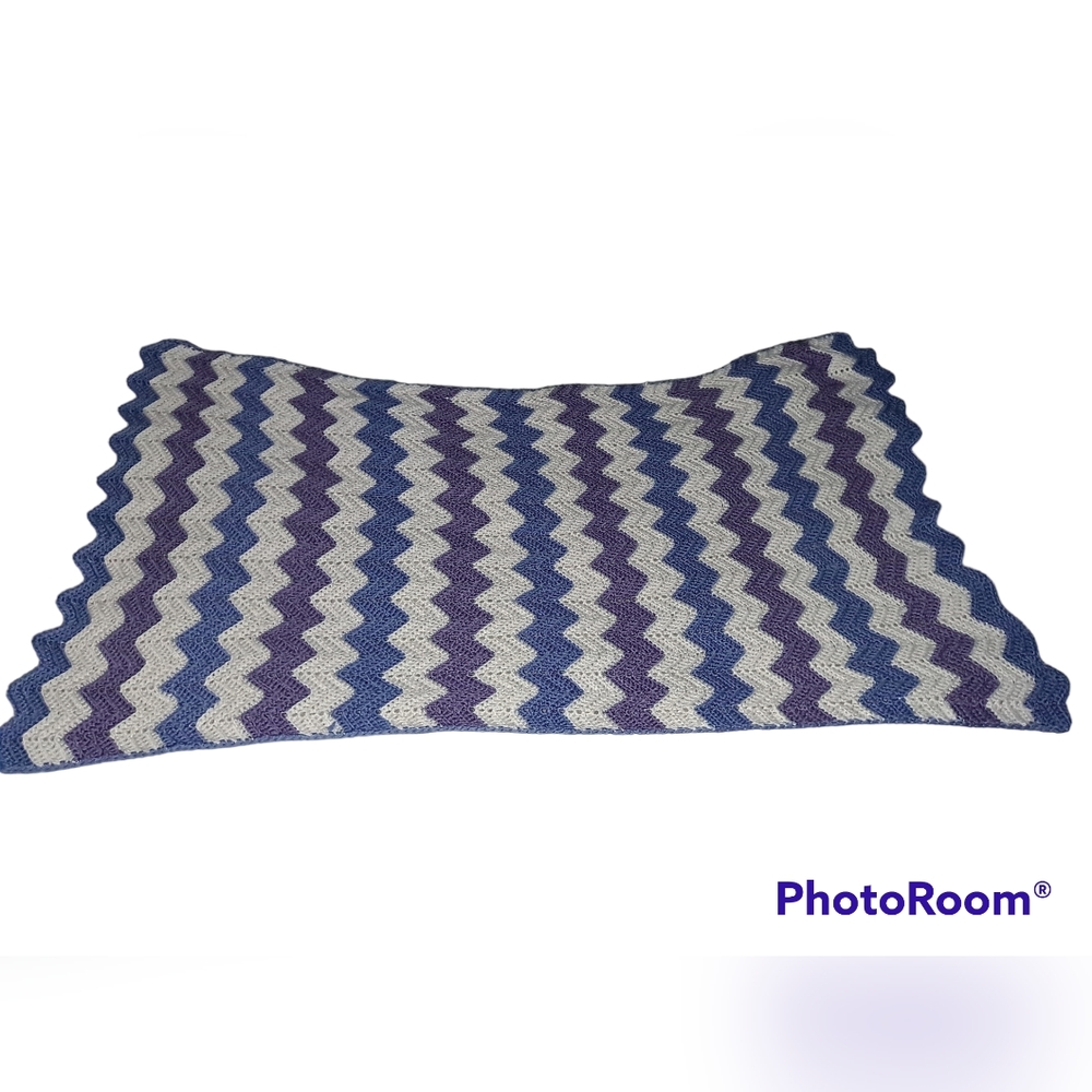 Handmade baby blanket crochet purple blue white 26 inch by 46 inch